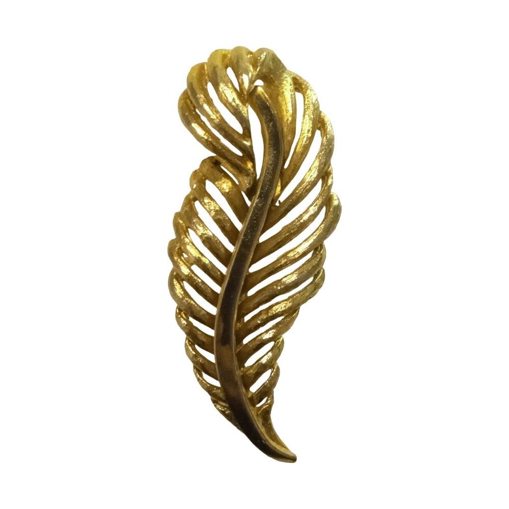 1960s Vintage Gold Tone Feather Brooch Textured Open Work Pin Retro Design